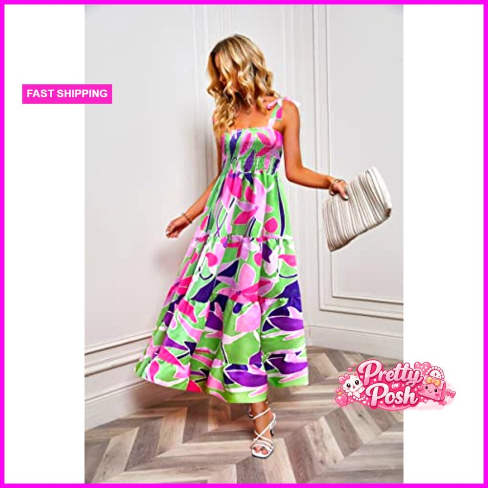 Polyester Boho Spaghetti Strap Square Neck Ruffle… - image 2